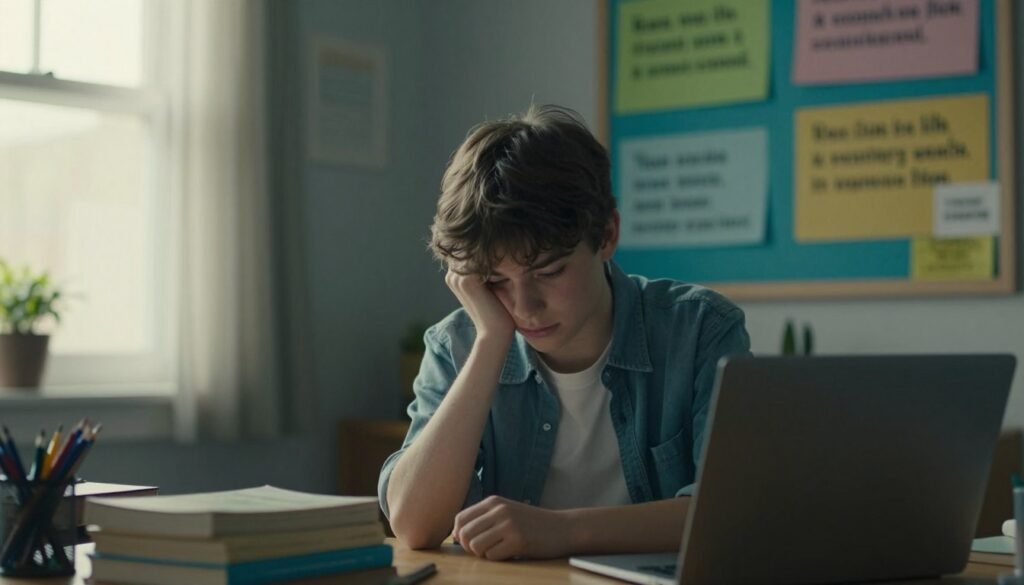 A serene yet thought-provoking scene depicting a teenager sitting at a desk in a cozy, softly lit room, reflecting signs of mental distress. The foreground shows the teenager, wearing modest casual clothing, with a pensive expression, surrounded by books and a laptop. The middle ground features a colorful bulletin board with supportive quotes and mental health resources. In the background, a window lets in gentle, diffused sunlight, creating a warm and inviting atmosphere. Soft shadows add depth, while a subtle color palette of blues and greens evokes a sense of calm and introspection. The overall mood is one of contemplation and awareness, emphasizing the importance of seeking help for mental health issues in adolescents.