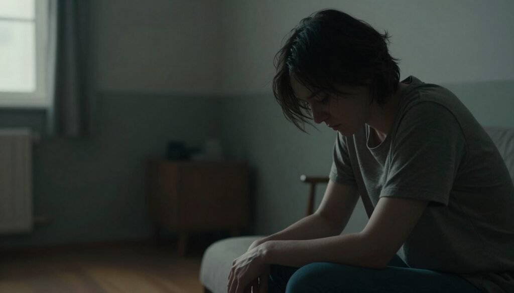 A serene yet thought-provoking scene illustrating the theme of Post-Traumatic Stress Disorder (PTSD). In the foreground, a somber figure sits in a contemplative pose, dressed in modest casual clothing, with their head bowed and hands clasped. Their expression reflects a mixture of anxiety and introspection. In the middle ground, blurred images of shadowy, indistinct memories swirl around them, symbolizing flashbacks and overwhelming thoughts. The background features a dimly lit room, with soft, muted colors to create a sense of isolation and introspection. A soft light from a nearby window casts gentle shadows, enhancing the emotional weight of the scene. The atmosphere is heavy yet hopeful, suggesting the journey towards understanding and healing.