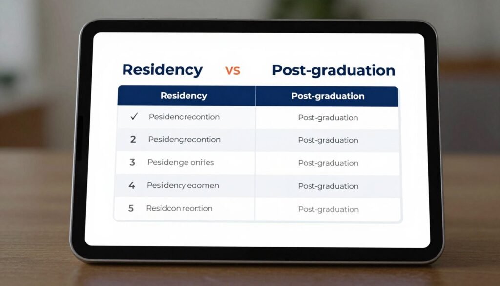 A side-by-side comparison chart displayed on a modern tablet screen showing 'Residency' versus 'Post-graduation' features. A side-by-side comparison chart displayed on a modern tablet screen showing 'Residency' versus 'Post-graduation' features.