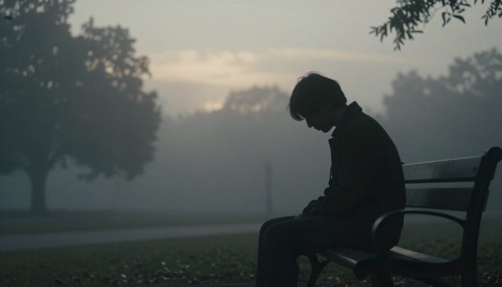 A silhouette of a person sitting alone on a park bench, surrounded by a dense, misty atmosphere that conveys feelings of isolation and introspection. The foreground features the silhouette in profile, dressed in modest casual clothing, with their head bowed slightly. In the middle ground, soft, blurred trees create a sense of depth and solitude. The background is composed of a hazy, overcast sky, hinting at a sunrise that is barely breaking through the clouds, casting a muted light over the scene. The overall mood is somber yet contemplative, symbolizing the hidden struggles of silent depression without overt expressions of sadness. Use a shallow depth of field to focus on the subject while softening the surrounding details.