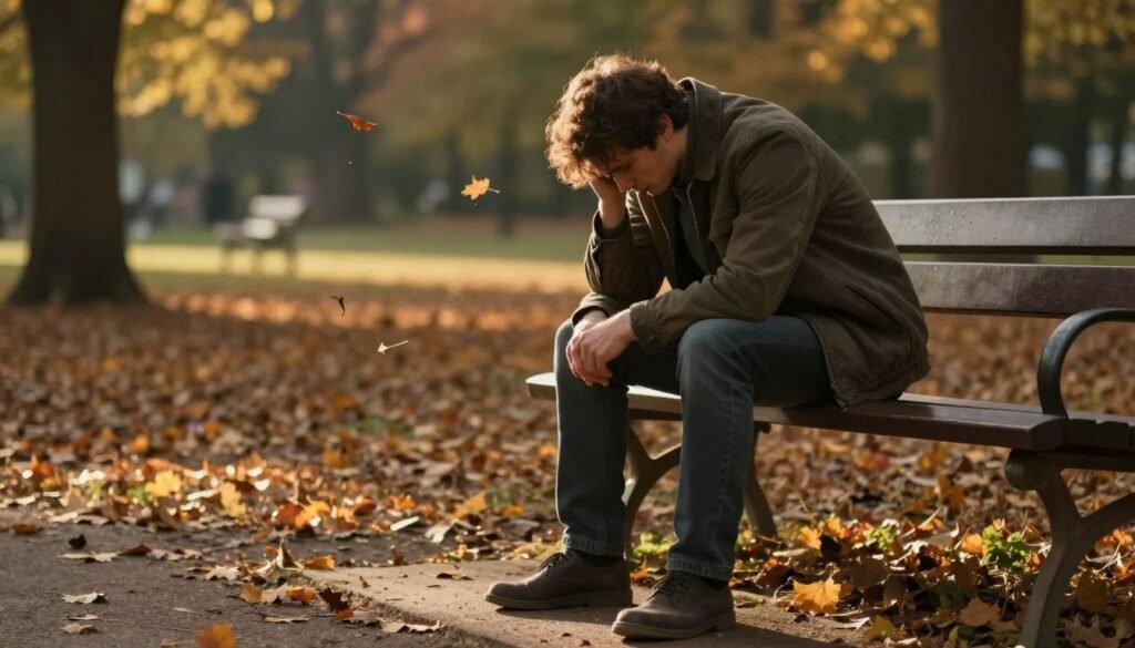 A solitary figure, a man in modest casual clothing, sits on a park bench, his head bowed in deep contemplation, evoking a sense of profound sadness. The foreground captures his reflective posture, hands clasped tightly, revealing subtle signs of distress. In the middle ground, fallen leaves swirl around him, symbolizing change and the passage of time. The background features a blurred landscape of an autumn park illuminated by soft, golden hour light, creating a warm yet melancholic glow. Shadows stretch long across the ground, enhancing the somber mood. The image should be rich in texture, with a depth of field that focuses on the figure while slightly softening the surrounding scenery, emphasizing the feeling of isolation and emotional weight.