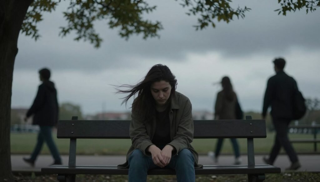 A solitary figure sits on a park bench under a cloudy sky, embodying a sense of isolation and uncertainty. The foreground features the figure in modest casual clothing, hands clasped together in their lap, looking downward in contemplation. Surrounding them are blurred, indistinct silhouettes of people walking by, suggesting a disconnect from the world. In the middle ground, a gentle breeze moves the leaves of nearby trees, creating a soft rustling sound. The background depicts a gray, overcast sky that casts a subdued, soft light on the scene, enhancing the mood of introspection and unease. The overall atmosphere feels heavy yet contemplative, capturing the essence of experiencing anxiety without an apparent cause. The composition uses a shallow depth of field to draw focus to the figure, while the rest of the scene remains softly out of focus, emphasizing their emotional state. A solitary figure sits on a park bench under a cloudy sky, embodying a sense of isolation and uncertainty. The foreground features the figure in modest casual clothing, hands clasped together in their lap, looking downward in contemplation. Surrounding them are blurred, indistinct silhouettes of people walking by, suggesting a disconnect from the world. In the middle ground, a gentle breeze moves the leaves of nearby trees, creating a soft rustling sound. The background depicts a gray, overcast sky that casts a subdued, soft light on the scene, enhancing the mood of introspection and unease. The overall atmosphere feels heavy yet contemplative, capturing the essence of experiencing anxiety without an apparent cause. The composition uses a shallow depth of field to draw focus to the figure, while the rest of the scene remains softly out of focus, emphasizing their emotional state.