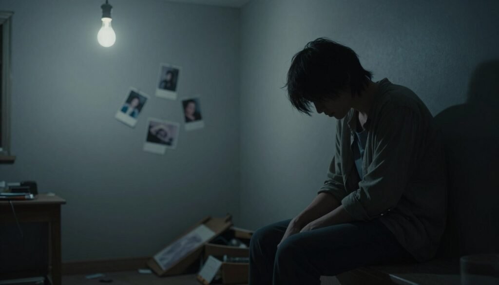 A solitary figure sits on the edge of a dimly lit room, shrouded in shadows, conveying a deep sense of despair. The foreground reveals the person, dressed in modest casual clothing, their posture slumped, head bowed, and eyes cast downward, suggesting profound introspection. The middle ground features a sparse, cluttered environment, with a single flickering lightbulb overhead that casts soft, melancholic shadows across the walls. In the background, faint outlines of faded photographs hang askew, symbolizing lost memories and feelings of isolation. The overall atmosphere is heavy and somber, with cool tones of blue and gray dominating the color palette, creating a visceral sense of sadness and longing. Ensure the lighting is soft, creating an intimate yet oppressive mood, as if time stands still in this moment of deep emotional struggle.