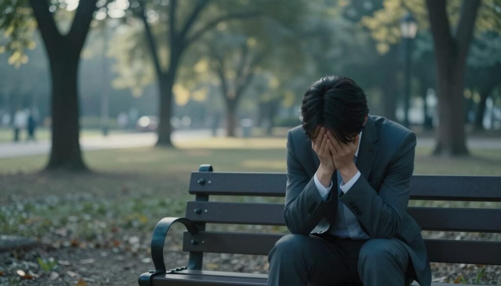 A somber and introspective scene depicting the concept of anxiety without apparent reason. In the foreground, a person in professional attire sits on a park bench, their posture hunched, hands clasped, reflecting a sense of unease. The middle layer features a blurred background of a serene park, with gentle, swaying trees and distant, soft sunlight filtering through the leaves, creating an atmosphere of contrast between calm nature and inner turmoil. The scene is bathed in cool hues of blue and gray to evoke feelings of isolation and uncertainty. Use a shallow depth of field to focus on the individual while the surroundings remain slightly out of focus. The overall mood should be tranquil yet tense, encapsulating the essence of unexplained anxiety. A somber and introspective scene depicting the concept of anxiety without apparent reason. In the foreground, a person in professional attire sits on a park bench, their posture hunched, hands clasped, reflecting a sense of unease. The middle layer features a blurred background of a serene park, with gentle, swaying trees and distant, soft sunlight filtering through the leaves, creating an atmosphere of contrast between calm nature and inner turmoil. The scene is bathed in cool hues of blue and gray to evoke feelings of isolation and uncertainty. Use a shallow depth of field to focus on the individual while the surroundings remain slightly out of focus. The overall mood should be tranquil yet tense, encapsulating the essence of unexplained anxiety.