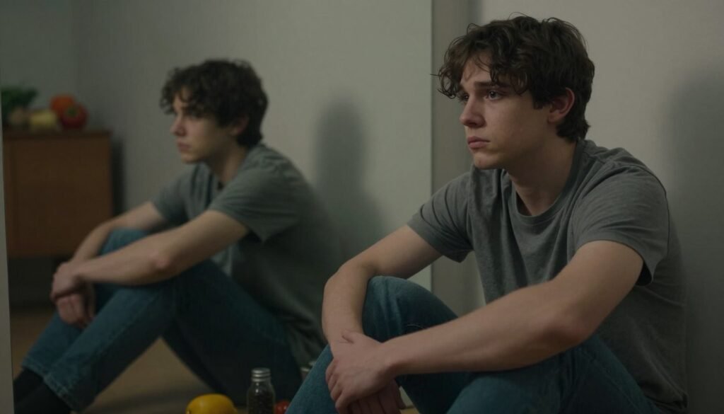 A somber and reflective scene depicting a young adult sitting on the floor of a softly lit room, surrounded by subtle representations of food and emotions associated with eating disorders. In the foreground, the individual, dressed in modest casual clothing, displays a thoughtful expression, with hands resting on their knees. In the middle ground, a mirror reflects their image, creating a dual perspective on self-perception. The background features muted colors, suggesting a sense of isolation and introspection, with faint outlines of nutritious foods, symbolizing the conflict surrounding these disorders. Soft, diffused lighting highlights the individual’s features, evoking a mood of contemplation and urgency, while maintaining a respectful, safe representation of the subject matter.