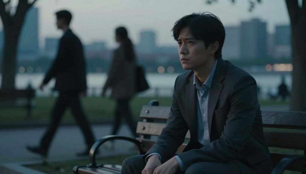 A somber and reflective scene depicting the concept of Generalized Anxiety Disorder. In the foreground, a professional individual in modest casual clothing sits on a park bench, looking contemplative, with a furrowed brow. The middle ground features blurred silhouettes of people walking by, highlighting the sense of overwhelming anxiety and isolation. The background showcases a softly lit cityscape at dusk, with shades of blue and gray dominating the colors, conveying a mood of unease. Use soft lighting with a shallow depth of field to focus on the individual’s expression, capturing a moment of introspection. The overall atmosphere should evoke feelings of tranquility mixed with tension, illustrating the internal struggle associated with anxiety.