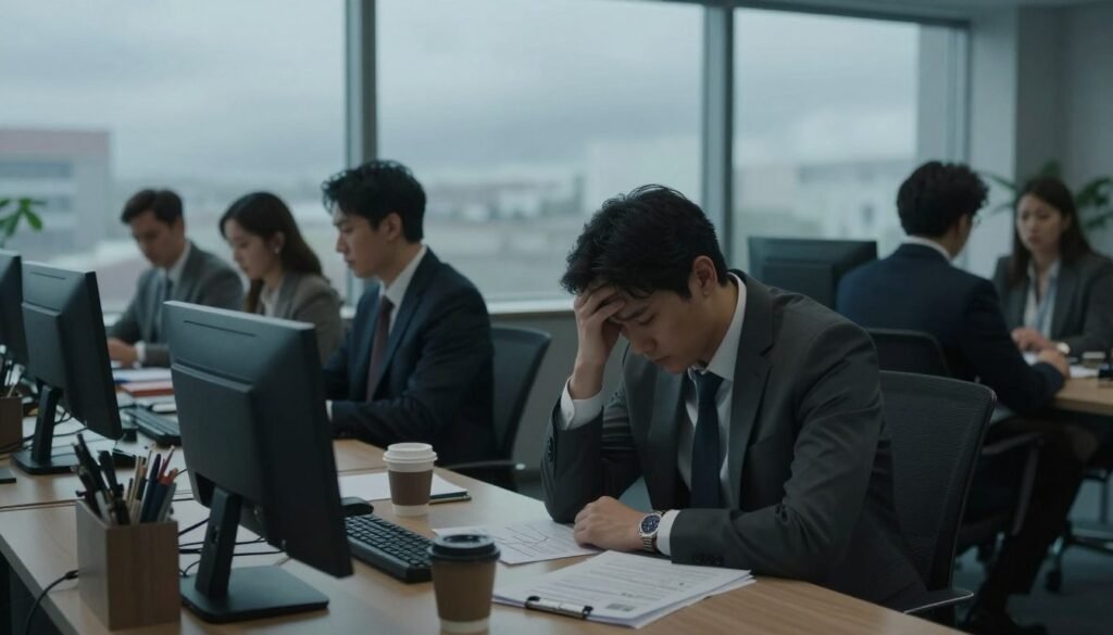 A somber corporate office scene depicting the impact of depression in the workplace. In the foreground, a disheartened employee in professional attire sits at a cluttered desk, head resting on one hand, surrounded by empty coffee cups and unanswered emails. The middle ground shows colleagues engaged in muted conversations, with expressions of concern and detachment. The background features large windows with a gray, overcast sky, casting diffused, cool lighting that enhances a feeling of melancholy. The atmosphere conveys a sense of struggle and isolation, with soft shadows adding depth and reflecting the emotional toll of mental health challenges in a professional setting.