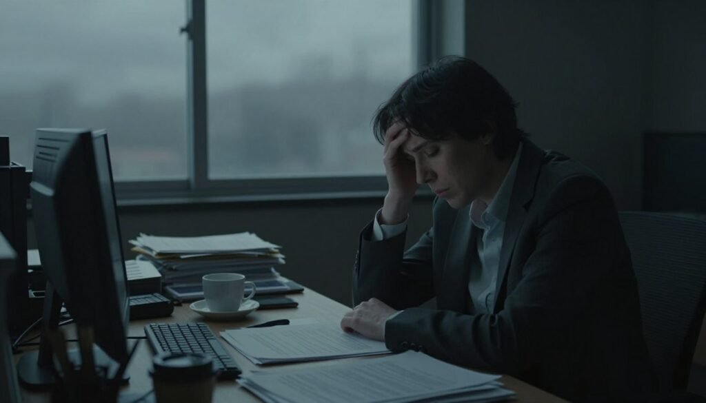 A somber, dimly-lit office scene conveying deep feelings of burnout and profound sadness. In the foreground, a weary individual sits at a cluttered desk, their expression devoid of energy, dressed in modest business attire. The middle ground features scattered documents and an overflowing coffee cup, hinting at exhaustion. In the background, a window reveals a gray, gloomy sky, casting muted light into the room, enhancing the sense of isolation. Shadows loom across the scene, reflecting inner turmoil and despair. The atmosphere is heavy, evoking empathy and understanding of mental strain. The overall composition is intimate and reflective, designed to resonate with viewers and evoke a connection to the themes of burnout and depression.