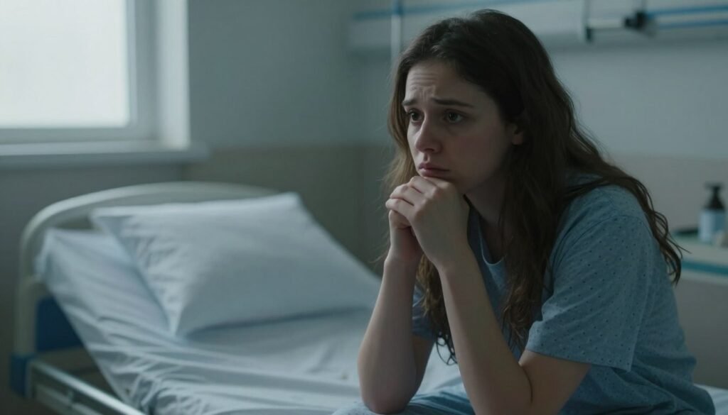 A somber, introspective scene depicting a young woman with a fragile physique, reflecting the struggles of anorexia nervosa. She sits on the edge of a hospital bed, her features showing concern and determination. The foreground captures her dark, expressive eyes and lightly clasped hands, emphasizing her emotional turmoil. In the middle, a sterile hospital room setting is visible, with soft, diffused lighting filtering through a window, creating a gentle, melancholic atmosphere. The background includes subtle hints of medical equipment, symbolizing her journey towards recovery. The mood is serious and contemplative, underscoring the complexity of mental health challenges associated with eating disorders. The composition is framed with a soft focus to evoke empathy and understanding.