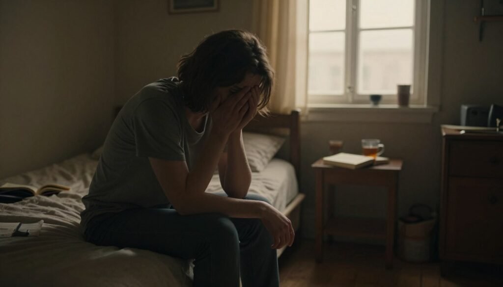 A somber, introspective scene depicting the complexities of depression. In the foreground, a person sitting on the edge of a bed, with a worried expression, dressed in modest casual clothing, hands clasped in contemplation. The middle ground features a small, cluttered room with warm, dim lighting creating a sense of isolation. A window in the background allows soft, diffused daylight to filter in, casting long shadows that enhance the mood. Subtle elements like a half-read book and a cup of untouched tea on a bedside table emphasize feelings of stagnation and loneliness. The overall atmosphere is heavy yet reflective, capturing the struggle of understanding depression while conveying a sense of hope through the gentle light.