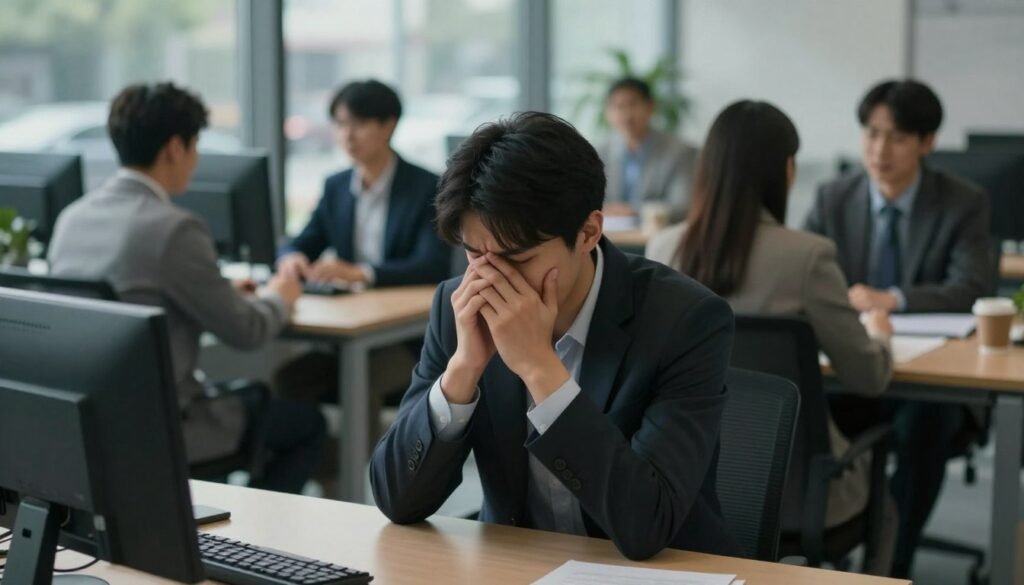 A somber office environment depicting a young adult sitting alone at a table, exhibiting signs of social anxiety. The foreground features the individual, dressed in smart casual attire, fidgeting with their hands and looking down, emphasizing their feelings of unease. The middle background shows colleagues engaged in conversation, their expressions friendly but oblivious to the troubled figure. The soft, diffuse lighting creates a melancholic yet contemplative atmosphere, highlighting the isolation felt by the central subject. In the far background, large windows reveal a busy, blurred street outside, symbolizing the overwhelming nature of social interactions. The angle is slightly above eye level, focusing on the contrast between the central figure’s anxiety and the surrounding social dynamics, evoking empathy and understanding of social anxiety disorder.