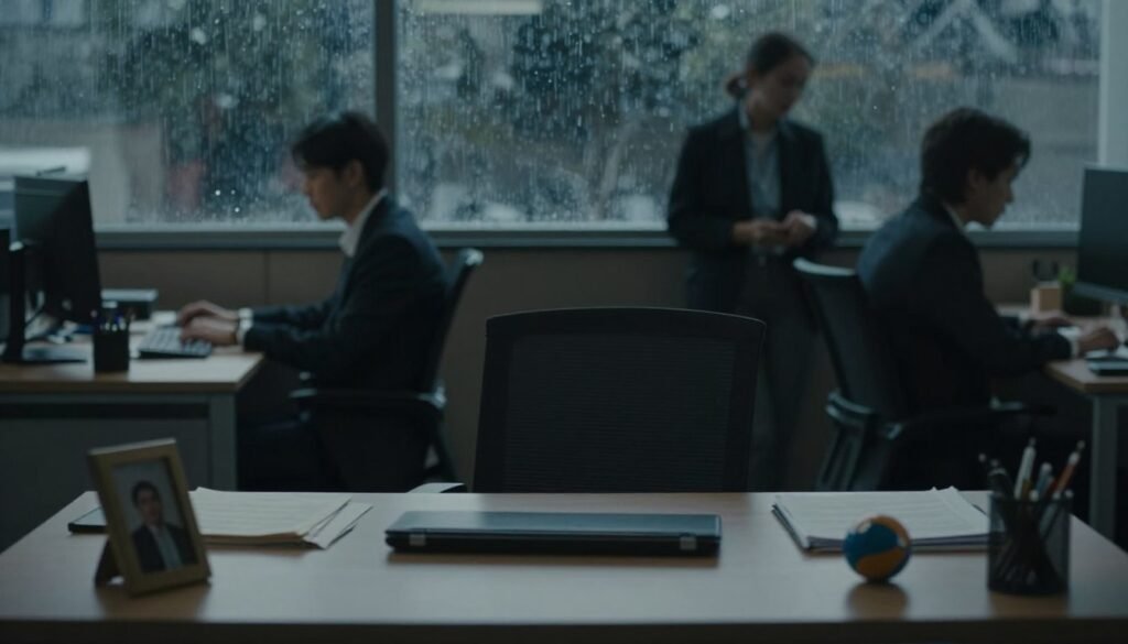 A somber office environment depicting the theme of depression related to work. In the foreground, a single desk with a neatly arranged workspace, but the chair is pushed back, suggesting absence. A personal item, such as a framed photo or a stress ball, adds a touch of human element. In the middle ground, faint outlines of coworkers engaged in conversations, but their expressions appear distant and blurred, symbolizing isolation. Dim, soft lighting casts gentle shadows, creating a melancholic atmosphere. The background features an office window with rain streaming down, obscuring the outside world, reflecting feelings of confinement. The overall mood is one of heaviness and introspection, portraying the serious nature of depression in the workplace, all while ensuring a professional context without any direct imagery of individuals. A somber office environment depicting the theme of depression related to work. In the foreground, a single desk with a neatly arranged workspace, but the chair is pushed back, suggesting absence. A personal item, such as a framed photo or a stress ball, adds a touch of human element. In the middle ground, faint outlines of coworkers engaged in conversations, but their expressions appear distant and blurred, symbolizing isolation. Dim, soft lighting casts gentle shadows, creating a melancholic atmosphere. The background features an office window with rain streaming down, obscuring the outside world, reflecting feelings of confinement. The overall mood is one of heaviness and introspection, portraying the serious nature of depression in the workplace, all while ensuring a professional context without any direct imagery of individuals.