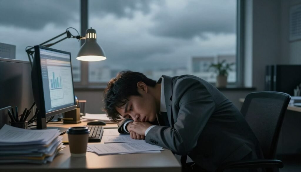 A somber office scene illustrating the concept of burnout and mental health. In the foreground, a professional individual in business attire sits slumped at a cluttered desk, their face weary and expression reflecting stress and exhaustion. Papers and a half-drunk coffee cup are scattered around. In the middle, a dim light from a desk lamp casts shadows, emphasizing the chaotic environment, while a computer screen glows faintly, showing erratic charts. The background features a window with a view of a grey, cloudy sky, symbolizing emotional heaviness. The overall mood of the image is melancholic, conveying the weight of burnout and its impact on mental well-being. Soft focus on certain elements enhances the feeling of isolation and despair, while light contrasts create an air of urgency and struggle.
