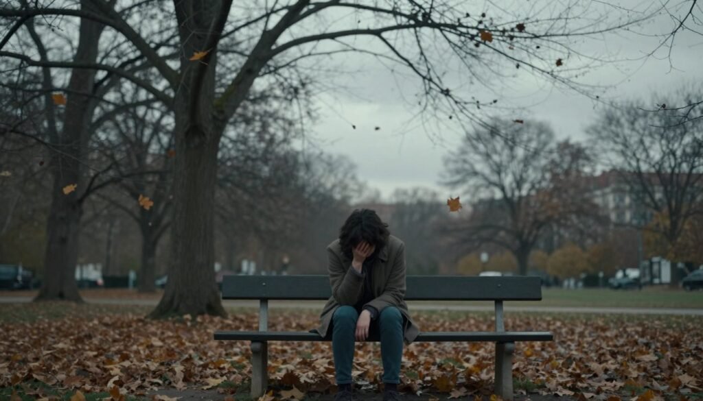 A somber, reflective scene depicting the symptoms of depression. In the foreground, a person in modest casual clothing sits on a park bench, looking down with a forlorn expression, surrounded by scattered autumn leaves. In the middle ground, trees with bare branches create a sense of isolation, their leaves falling gently, symbolizing loss and sadness. The background features a cloudy sky, casting a grayish light over the scene, enhancing the melancholic mood. The composition uses a shallow depth of field to focus on the individual while blurring the trees slightly, emphasizing feelings of disconnection. Soft, diffused lighting creates a muted atmosphere, evoking a sense of introspection and emotional weight. The overall image conveys the deep struggles associated with depression.