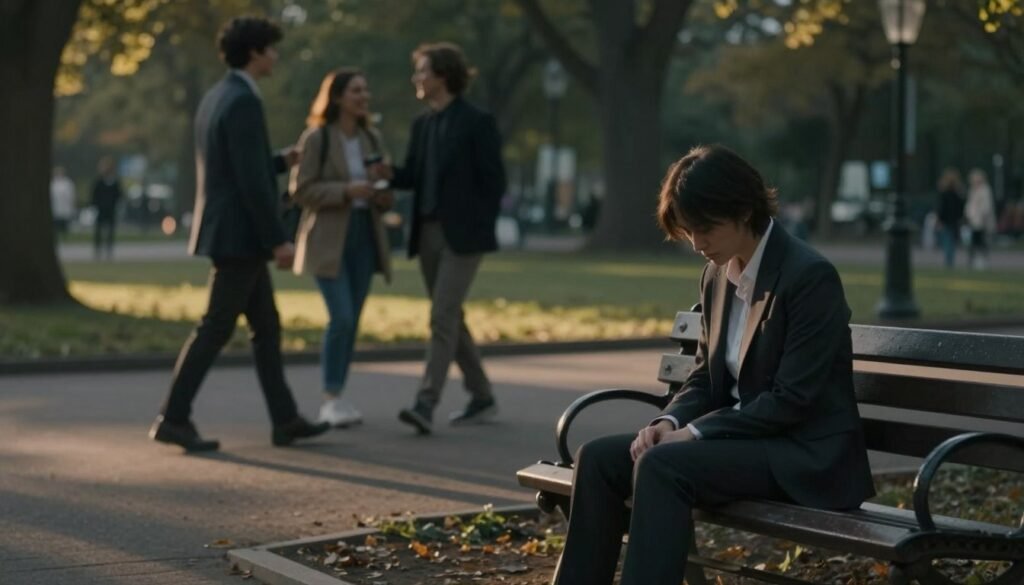 A somber, reflective scene portraying the symptoms of Major Depressive Disorder. In the foreground, a figure in professional clothing sits alone on a park bench, staring blankly at the ground, embodying feelings of sadness and isolation. Their posture is slightly hunched, suggesting emotional weight. In the middle ground, blurred outlines of people walk by, engaged in conversation and laughter, emphasizing the contrast between the figure's solitude and the surrounding social activity. The background features muted colors of a late afternoon park, with dim golden sunlight filtering through trees, casting long shadows and creating an atmosphere of melancholy. The overall composition should evoke empathy and understanding of the emotional struggle associated with depression. A somber, reflective scene portraying the symptoms of Major Depressive Disorder. In the foreground, a figure in professional clothing sits alone on a park bench, staring blankly at the ground, embodying feelings of sadness and isolation. Their posture is slightly hunched, suggesting emotional weight. In the middle ground, blurred outlines of people walk by, engaged in conversation and laughter, emphasizing the contrast between the figure's solitude and the surrounding social activity. The background features muted colors of a late afternoon park, with dim golden sunlight filtering through trees, casting long shadows and creating an atmosphere of melancholy. The overall composition should evoke empathy and understanding of the emotional struggle associated with depression.