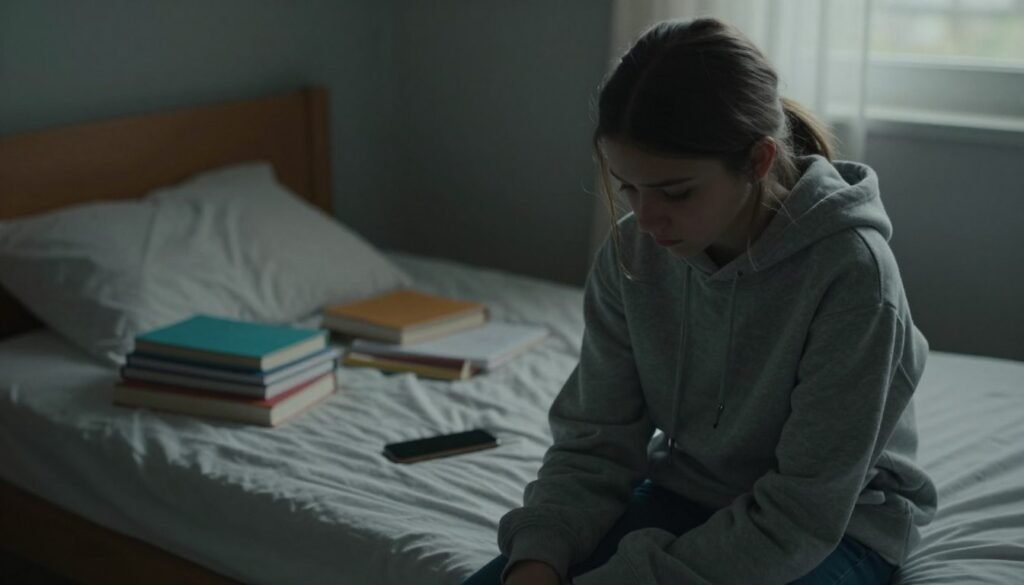 A somber scene depicting the various symptoms of depression in adolescents. In the foreground, a teenage girl with a downcast expression, sitting on the edge of her bed, her body language conveying sadness and withdrawal. She wears a comfortable hoodie, symbolizing her desire for comfort. In the middle ground, soft shadows highlight scattered schoolbooks and an untouched phone, indicating neglect and isolation. The background features dim lighting from a window, creating a melancholic atmosphere with muted colors. The overall mood is reflective and sensitive, encouraging empathy and understanding of the challenges adolescents face with mental health. The image should be realistic, focusing on the emotional essence without any text or distractions.