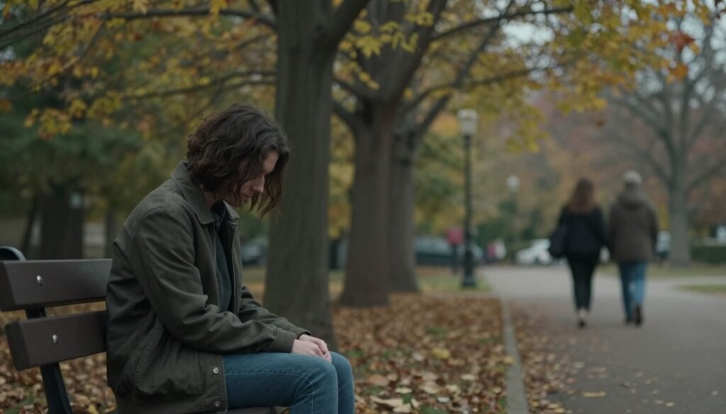 A somber scene featuring a person sitting alone on a park bench, conveying a sense of loneliness and introspection. The foreground shows the individual, a young adult in casual clothing, with downcast eyes, lost in thought, their body language reflecting a struggle with their emotions. In the middle ground, trees stand tall, their leaves rustling gently in a muted autumn palette, symbolizing the passage of time and the changing seasons. The background includes a blurred path with a few distant figures walking together, emphasizing the feeling of isolation. Soft, diffused light filters through the branches, creating a tranquil yet melancholic atmosphere. The overall tone should evoke compassion and the importance of support from family and friends.