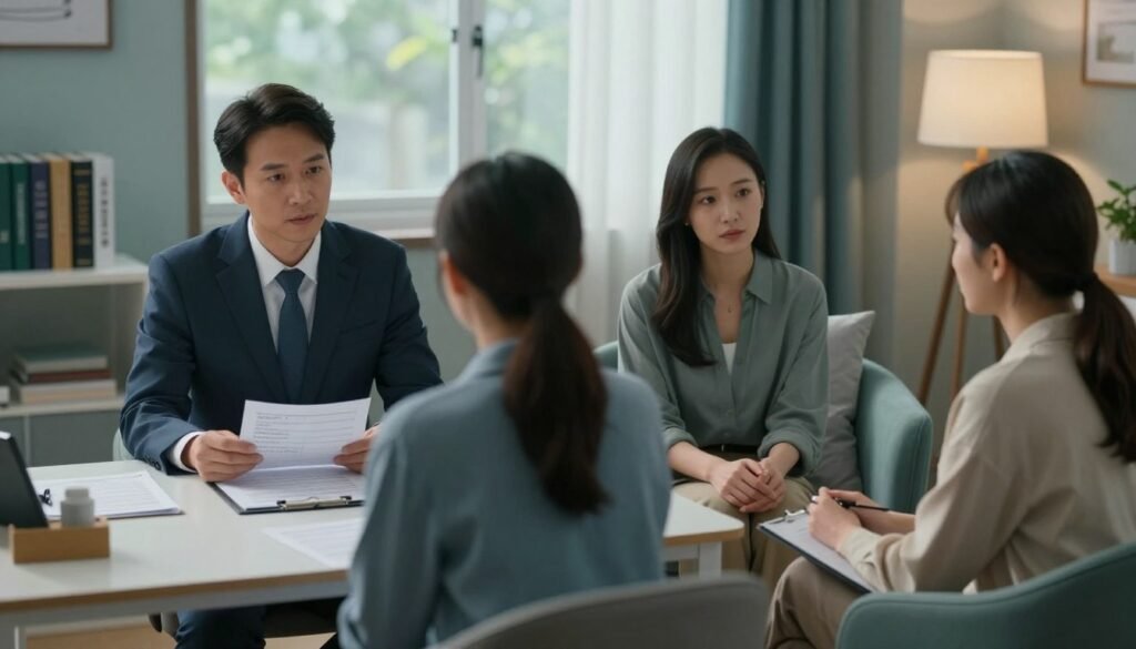 A split composition illustrating the differences between psychiatric and psychological care. In the foreground, depict two rooms side by side: on the left, a psychiatrist's office with a professional in business attire consulting with a patient, surrounded by medical books and a patient assessment chart, exuding a clinical atmosphere. On the right, a psychologist's warm and inviting room with a relaxed, casually dressed therapist engaged in conversation with a client, featuring comfortable seating and soft lighting, conveying empathy and support. In the background, a calm color palette of blues and greens enhances the mood of professionalism and care. Soft natural light filters through the windows, creating a serene atmosphere that invites understanding of both practices.