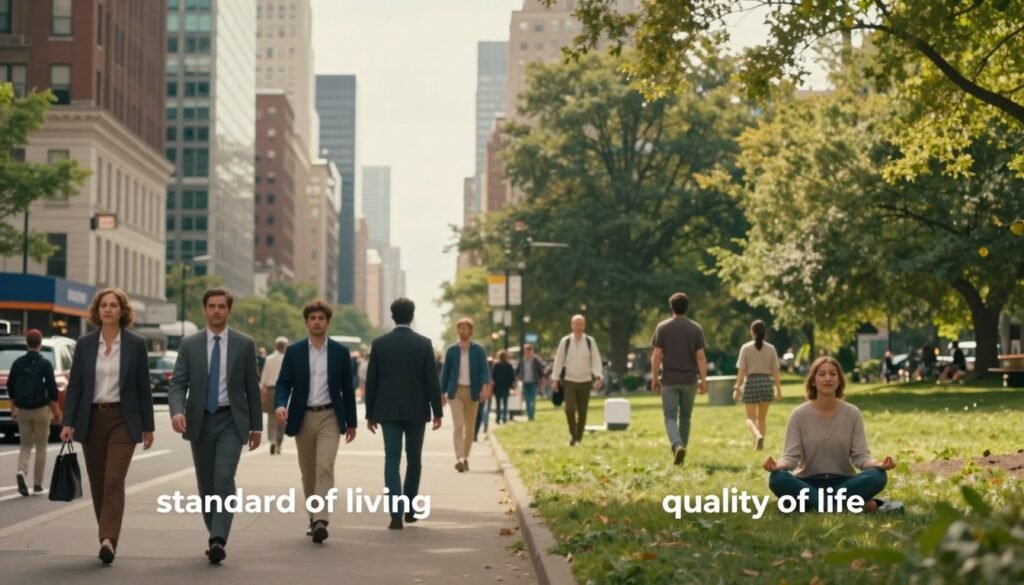 A split-image composition illustrating the difference between "standard of living" and "quality of life." In the foreground, on the left, show a vibrant, busy urban setting with high-rises, bustling streets, and people in professional business attire going about their day, highlighting material wealth. In contrast, on the right, depict a serene natural landscape featuring individuals in modest casual clothing enjoying activities like walking in a park or meditating, showcasing emotional and mental well-being. The middle ground should blend these two environments with a gradual transition, representing the balance between material prosperity and inner happiness. Use soft, warm lighting to evoke a positive atmosphere, with a slight vignette effect to draw focus towards the center. The overall mood should encourage a sense of reflection on life choices.