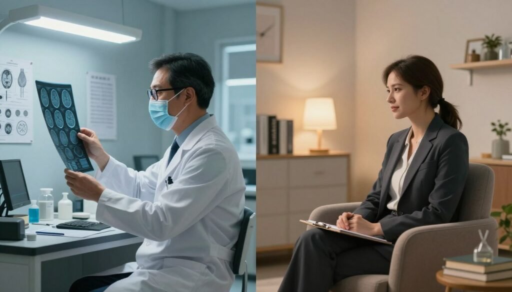 A split image illustrating the difference between a neurologist and a psychiatrist. On the left, a neurologist in a white lab coat, wearing glasses, examining a brain scan under bright fluorescent lights in a clinical office setting filled with medical charts and neurological diagrams. On the right, a psychiatrist in smart business attire, seated comfortably in a cozy consultation room with soft, warm lighting, surrounded by calming decor and books on mental health. The neurologist's side should evoke a sense of scientific rigor, while the psychiatrist's side conveys empathy and support. The background merges into a neutral gradient to highlight the subjects, creating a harmonious contrast between the two specialties.