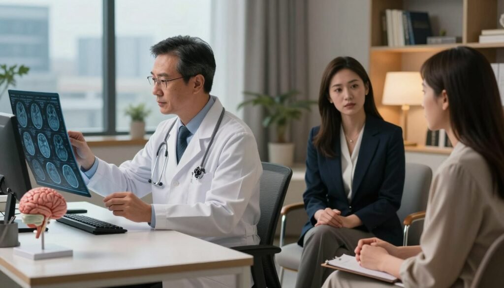 A split scene illustrating the differences between a neurologist and a psychiatrist for diagnosis and treatment. In the foreground, on the left, a neurologist, a middle-aged man in a white lab coat, stands in a modern clinic, examining a brain scan on a digital screen, surrounded by anatomical models of the brain. On the right, a psychiatrist, a young woman in professional business attire, sits in a cozy, softly lit office with a comfortable chair and bookshelves, engaged in conversation with an unseen patient. The background features a blurred view of a cityscape through a window, creating a contrast between the clinical and therapeutic environments. Ambient lighting highlights the focused expressions of both professionals. The overall mood conveys professionalism and thoughtful expertise in mental and neurological health.