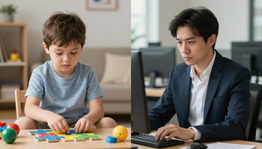 A split-scene image illustrating the signs of autism in adults and children. On the left side, depict a child around 8 years old with moderate autism traits: sitting quietly with toys, focused on a puzzle, displaying an intense but calm expression. Include details like colorful toys and a cozy playroom setting with soft lighting to create a nurturing atmosphere. On the right side, show an adult in their 30s, dressed in professional attire, sitting in a work environment, engaged in solitary tasks on a computer, with subtle signs of autism such as fidgeting with a stress ball. Use natural lighting to emphasize the seriousness of the adult's demeanor while keeping the overall tone warm and informative, blending the two scenes seamlessly to compare the signs between different ages.