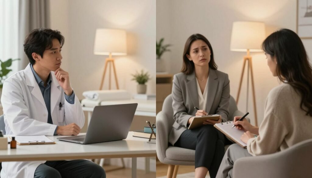 A split scene that visually contrasts psychiatry and psychology in a professional setting. On the left, a psychiatrist's office featuring a doctor in a white coat, sitting at a desk with medical books and a laptop, looking thoughtfully at a patient who appears relaxed and engaged in conversation. On the right, a psychologist's office with a therapist in business attire, seated on a comfortable chair, using a notepad to take notes while the client shares feelings. The background should represent a calming environment with soft, warm lighting to evoke security and trust. Use a wide-angle lens for a balanced composition, with subtle differentiation in color tones to distinguish the two practices while maintaining a cohesive atmosphere.