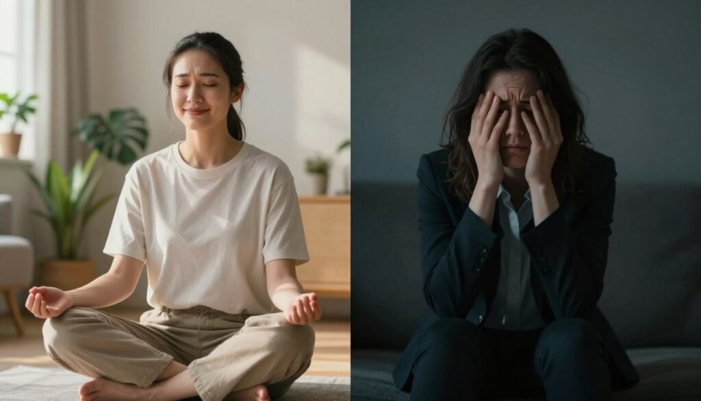 A split-screen composition illustrating the contrast between normal and pathological anxiety. On the left, a serene individual sitting calmly in a bright, sunlit room, dressed in modest casual clothing, engaging in mindfulness practices with a gentle smile. In the background, plants and soft colors create a peaceful atmosphere. On the right, a person appearing overwhelmed by anxiety, sitting in a dimly lit setting, dressed in professional attire with a concerned expression, surrounded by swirling shadows and muted colors. The contrasting lighting highlights the emotional difference: warm, inviting light on the left and cooler, harsher tones on the right. The image captures the essence of anxiety, conveying a deep sense of turmoil juxtaposed with calm tranquility, fostering a vivid understanding of the differences between normal and pathological anxiety.