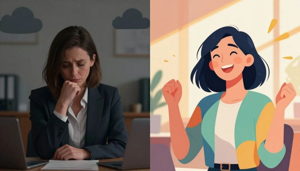 A split-screen illustration depicting the differences between Bipolar Disorder Type 1 and Type 2. On the left, a somber office setting with a professional-looking woman in business attire appearing contemplative, surrounded by dark clouds representing depression, soft shadows, and muted colors to convey a sense of sadness. On the right, the same woman in a vibrant, brightly lit space, exuding energy and joy, with colorful patterns symbolizing mania, bright sunlight filtering through a window. The background should be softly blurred to emphasize the woman’s expressions. The overall mood is one of contrast, highlighting the duality of emotions in bipolar disorder. Use a cinematic angle to enhance the visual narrative without any text or logos.