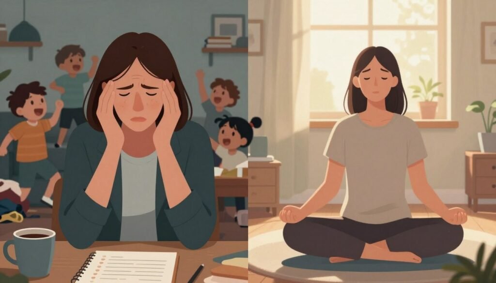 A split-screen illustration depicting the risk factors for maternal burnout. On one side, a stressed mother in professional casual attire, with furrowed brows, surrounded by children playing loudly, representing overwhelming responsibilities. The background shows a chaotic home environment, cluttered with toys and laundry, under dim natural lighting. On the other side, a serene woman meditating in a peaceful, uncluttered space with soft, warm sunlight streaming through a window, symbolizing self-care. Incorporate elements like a coffee cup and a notepad with a to-do list in the foreground, emphasizing the stress of daily life. The mood should convey a contrast between chaos and tranquility, highlighting the emotional struggle and the need for balance. Use soft, muted colors to evoke a sense of empathy and understanding towards the challenges of motherhood.