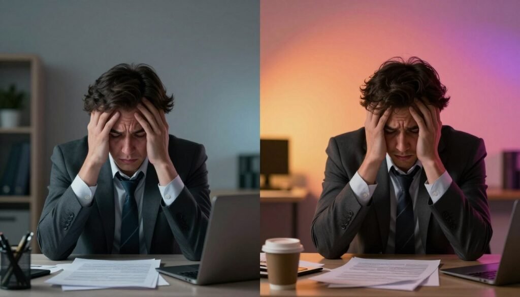 A split-screen image illustrating the differences between burnout, stress, and depression. In the foreground, on the left, a professional person in business attire appears overwhelmed, with papers scattered around, a tired expression, and a dimly lit workspace. On the right, the same person looks anxious, with a tense posture and cluttered surroundings, symbolizing stress. In the middle background, a subtle gradient represents the emotional spectrum, transitioning from gray (burnout) on the left to a more vibrant color (stress) on the right. Soft, diffused lighting enhances the contrast between the two states, creating a somber yet insightful atmosphere. Use a realistic style with a focus on facial expressions, ensuring the overall composition effectively communicates the nuances of these mental health states.