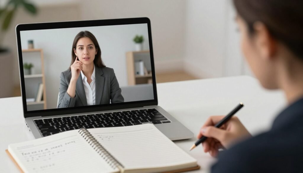 A split screen showing a person talking to a therapist online via a laptop and a close-up of a structured sleep diary, representing Terapia cognitivo comportamental para insônia, modern telepsychiatry style.