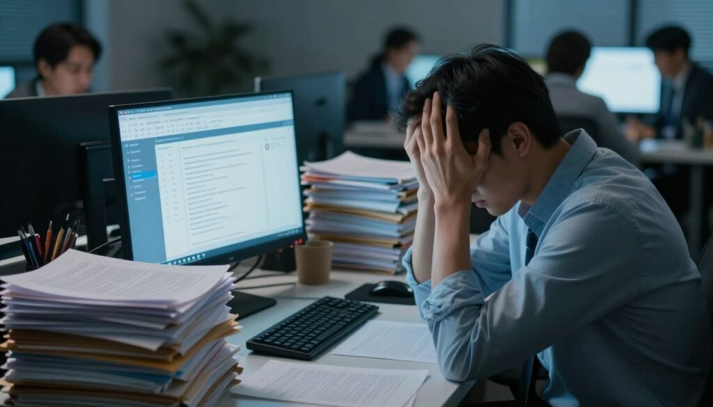 A stressed office worker sitting at a cluttered desk, surrounded by stacks of paperwork and an overflowing inbox. In the foreground, focus on the person's hands gripping their head, showcasing anxiety. The middle ground features a computer screen displaying a series of unread emails and notifications, casting a bluish light on the scene. The background reveals an office environment with dim lighting and softly blurred coworkers visibly engaged in conversations, contributing to a sense of pressure. Overall, the mood is tense and overwhelming, symbolizing the causes of workplace anxiety. The scene is shot from a slightly elevated angle to encapsulate the chaotic atmosphere, emphasizing the weight of expectations and stress in a corporate setting.
