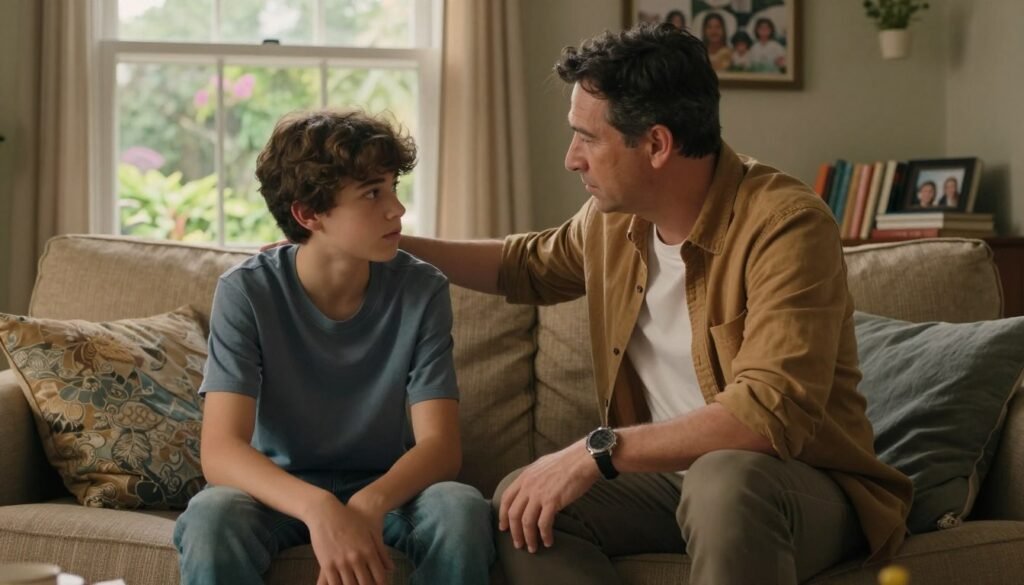 A supportive parent sitting on a comfortable couch, engaging in a heartwarming conversation with their teenage child who looks thoughtful yet encouraged. The parent, a middle-aged individual in warm, casual attire, leans in with empathetic body language, displaying concern and love. The teenager, dressed in modest casual clothing, has a reflective but hopeful expression. Warm, soft lighting filters through a window, illuminating the cozy living room filled with books and family photos, suggesting a nurturing environment. The view outside shows a serene garden scene, enhancing the atmosphere of safety and tranquility. The image conveys a sense of connection, understanding, and support, emphasizing the importance of open communication in overcoming challenges.