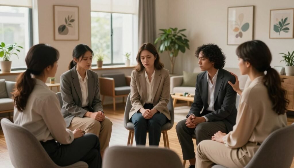 A supportive scene depicting individuals experiencing depression seeking mental health support. In the foreground, a diverse group of three people—two women and one man—sits in a circle on comfortable chairs, all dressed in professional business attire. Their expressions convey a mixture of vulnerability and hope, with one person gently placing a hand on another's shoulder. In the middle, a cozy and inviting therapy office is portrayed, complete with warm lighting filtering through a large window, plants in the corners, and soft furnishings. In the background, calming artwork hangs on the walls, enhancing the peaceful atmosphere. The overall mood is empathetic and uplifting, promoting a sense of community and support in mental health. The image is captured with a soft focus, emphasizing the connection between the individuals.
