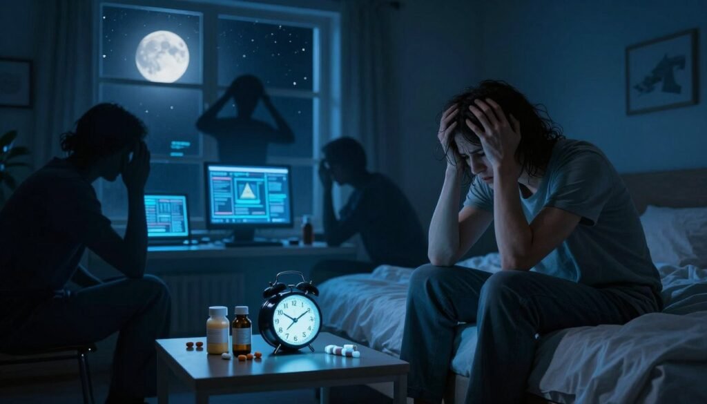A surreal composition depicting the causes of chronic insomnia. In the foreground, a weary person in modest casual clothing, sitting on the edge of a bed, clutching their head in frustration, surrounded by scattered medication bottles and a glowing alarm clock showing an early hour. In the middle, various symbols of insomnia's triggers: shadowy figures representing stress, anxiety, and digital screens emitting blue light, casting an eerie glow. In the background, a window showing a starry night sky with a full moon illuminating the scene, enhancing the feeling of sleeplessness. The lighting is dim and moody, with soft shadows adding depth to the image, creating a sense of unease and urgency, capturing the complex interplay of risk factors and medical conditions associated with chronic insomnia.