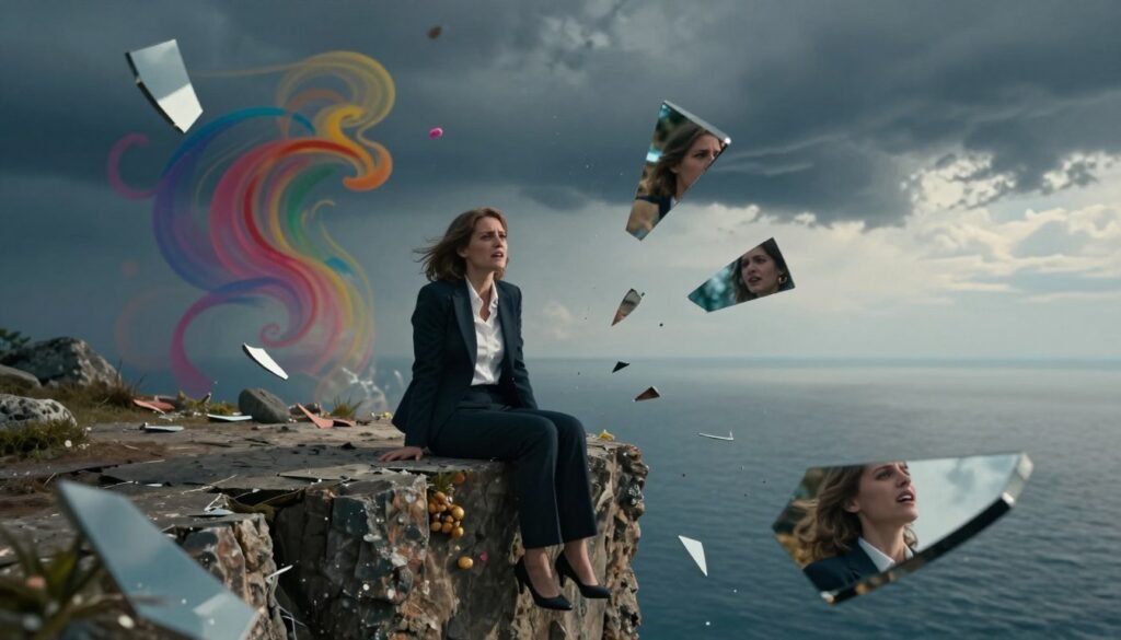 A surreal representation of intense emotions related to Borderline Personality Disorder, focusing on a woman in professional attire sitting on the edge of a fractured cliff. The foreground shows her depicting confusion and turmoil, with fragments of her reflection scattered around her, symbolizing identity struggles. In the middle ground, abstract shapes and vibrant colors swirl, representing the overwhelming emotions of joy, anger, and sadness. The background features a stormy sky merging into a calm horizon, illustrating the internal conflict and hope for balance. Soft, dramatic lighting casts shadows that reflect her emotional state, while a slightly elevated angle captures the scene's depth. The overall mood should convey a mix of chaos and a yearning for peace, highlighting the complexity of the human experience with BPD.