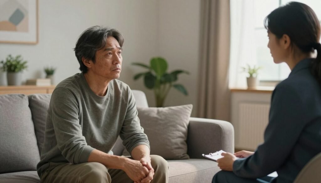 A therapist and a patient are engaged in a supportive conversation in a serene office setting, emphasizing the theme of overcoming trauma. In the foreground, a middle-aged person in modest casual clothing reflects a mix of vulnerability and determination, sitting comfortably on a couch. The therapist, a professional in business attire, listens attentively, conveying empathy. The middle ground features a soft light illuminating the scene, with calming decor like plants and soothing artwork on the walls, promoting a sense of safety and healing. The background is slightly blurred to focus on the interaction, while warm, natural light pours in from a window, creating an atmosphere of hope and recovery. The overall mood is one of compassion and resilience, capturing the essence of professional support in overcoming traumatic events.