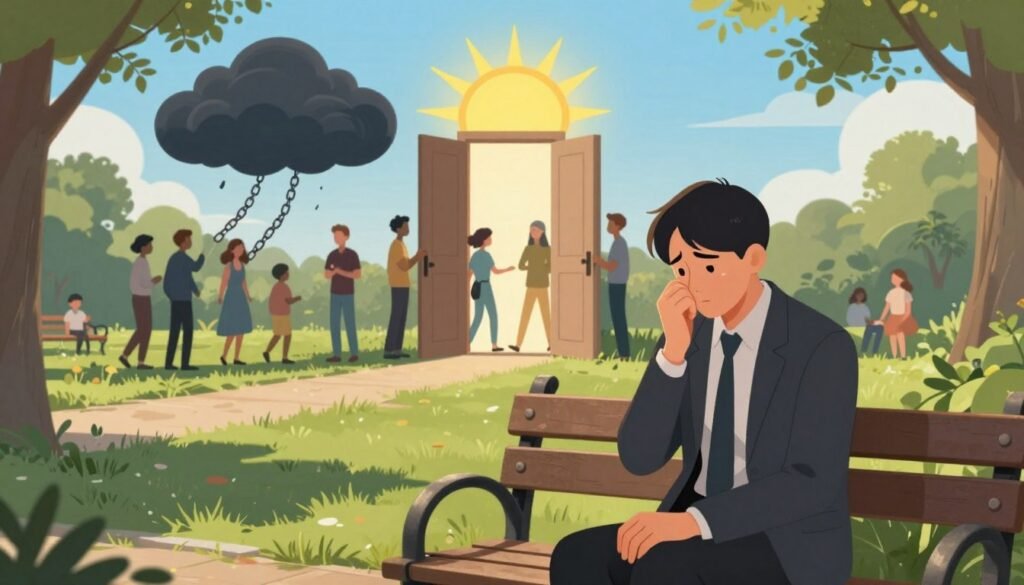 A thoughtful and informative illustration depicting the myths and truths about agoraphobia. In the foreground, a thoughtful person sitting on a park bench, dressed in professional business attire, looking contemplative, with a slightly worried expression. In the middle ground, a split scene showing contrasting visuals: on one side, images symbolizing myths, such as a dark cloud or chains, representing fear and isolation; on the other side, bright symbols of truth, such as open doors, sunlight, and people interacting happily in various social settings. The background features a serene park under a clear blue sky, lit by soft, warm sunlight. The atmosphere conveys a sense of understanding and hope, inviting viewers to explore the realities of agoraphobia. Shot from a slightly elevated angle to capture both sides of the scene effectively. A thoughtful and informative illustration depicting the myths and truths about agoraphobia. In the foreground, a thoughtful person sitting on a park bench, dressed in professional business attire, looking contemplative, with a slightly worried expression. In the middle ground, a split scene showing contrasting visuals: on one side, images symbolizing myths, such as a dark cloud or chains, representing fear and isolation; on the other side, bright symbols of truth, such as open doors, sunlight, and people interacting happily in various social settings. The background features a serene park under a clear blue sky, lit by soft, warm sunlight. The atmosphere conveys a sense of understanding and hope, inviting viewers to explore the realities of agoraphobia. Shot from a slightly elevated angle to capture both sides of the scene effectively.