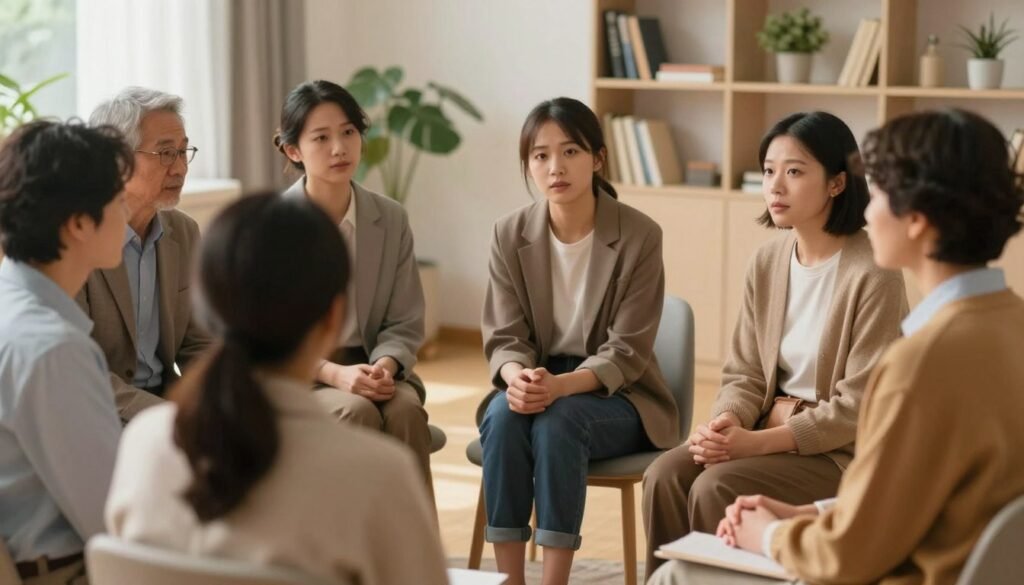 A thoughtful illustration representing autism and associated health conditions in adults. In the foreground, depict a diverse group of adults of varying ages and ethnicities, dressed in professional attire, engaging in a calm discussion. In the middle ground, include subtle visual elements symbolizing common health conditions such as anxiety, depression, and gastrointestinal issues—represented by gentle, abstract icons. The background should feature a serene, softly-lit room with shelves of books and plants, suggesting a welcoming environment for conversation and learning. Utilize warm, natural lighting to create an inviting atmosphere, with a shallow depth of field to highlight the group while softly blurring the background. Overall, convey a mood of understanding and support.
