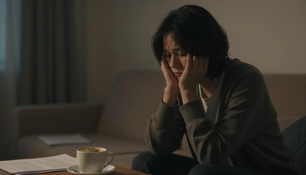 A thoughtful person sitting in a dimly lit room, their expression conveying a sense of deep introspection and quiet sorrow. The foreground features subtle elements like a half-empty coffee cup and scattered papers, symbolizing unrecognized struggles. In the middle, the person is framed in soft, warm light, highlighting their weariness yet hinting at resilience. The background is blurred, suggesting an out-of-focus world outside, with shadows enveloping the scene to create a somber, reflective mood. The room is decorated minimally, with muted colors that evoke a sense of solitude and introspection. The image should convey an atmosphere of silent struggle and the invisible signs of depression that often go unnoticed.