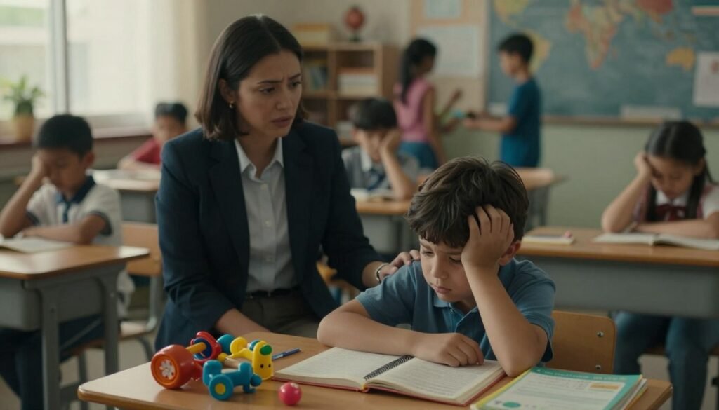 A thoughtful scene depicting factors contributing to childhood anxiety. In the foreground, a worried child sits at a cluttered desk with toys and school books scattered around, showcasing a sense of overwhelm. In the middle ground, a concerned parent looks on, dressed in professional attire, offering support. In the background, a distant view of a bustling school environment with children playing but also showing some kids isolated or looking anxious, symbolizing social pressures. Soft, natural lighting filters through a window, creating a warm yet slightly shadowy atmosphere that emphasizes the child's emotions. The overall mood conveys a blend of concern and hope, inviting viewers to reflect on the complexities of childhood anxiety.