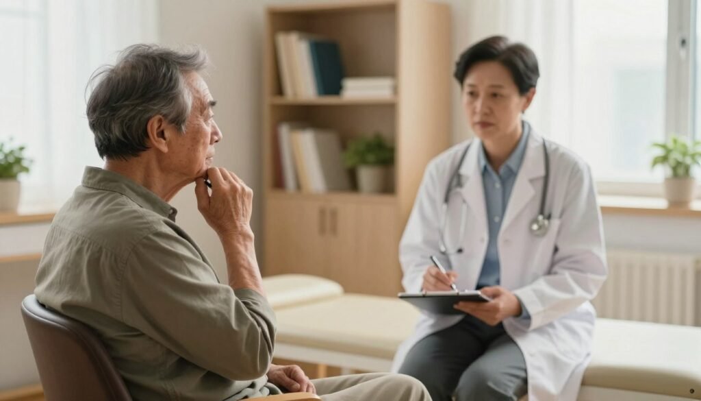 A thoughtful, serene scene depicting a middle-aged person with Parkinson's disease in a comfortable, warmly lit doctor's office. In the foreground, the individual is sitting in a professional chair, dressed in modest casual clothing, showing a subtle tremor in their hand while holding a pen. In the middle background, a neuropsychiatrist, dressed in a white coat, is attentively listening and taking notes, embodying empathy and professionalism. The background features soft, calming colors with shelves filled with books on neuropsychiatry, a small plant, and light streaming through a window to create a hopeful atmosphere. The lighting is soft and diffused, enhancing the kindness of the scene while maintaining a clinical feel.