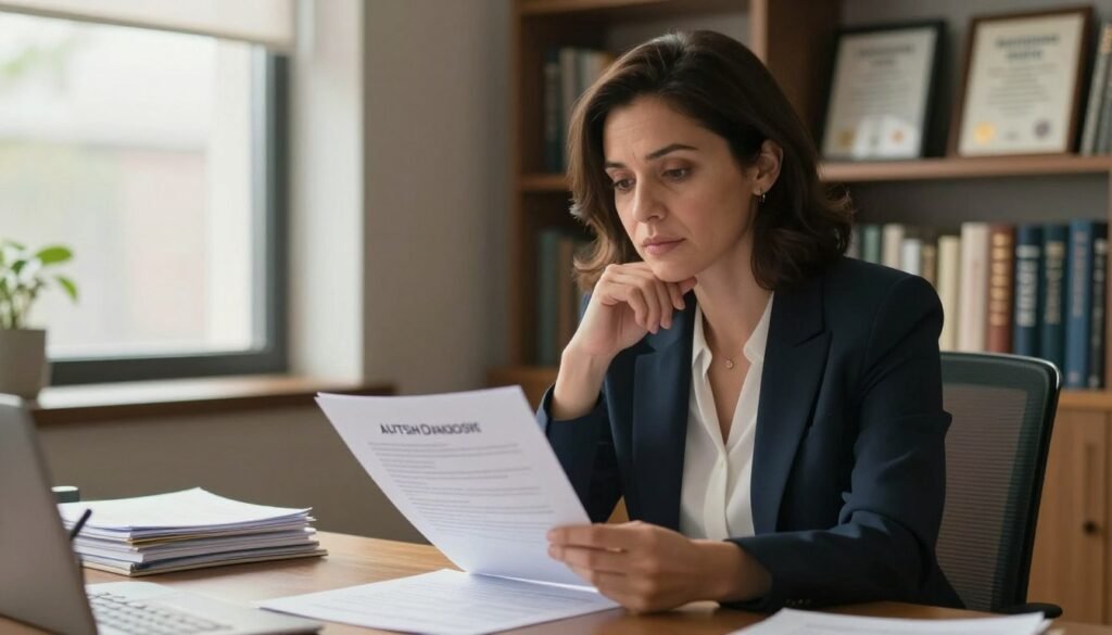 A thoughtfully lit scene in a consulting office depicting an adult woman seated at a desk, looking contemplative as she reads a series of documents about autism diagnosis. In the foreground, a stack of diagnostic tools and charts are visible. The middle ground features a window with soft, natural light streaming in, illuminating the professional environment with a warm, inviting atmosphere. In the background, shelves lined with psychology books and framed certification diplomas add depth to the image. The woman, dressed in smart casual attire, has an expression of realization and understanding, reflecting the complexity and nuances of late autism diagnosis in adults. Aim for a soft-focused lens effect to create an intimate yet professional ambiance.