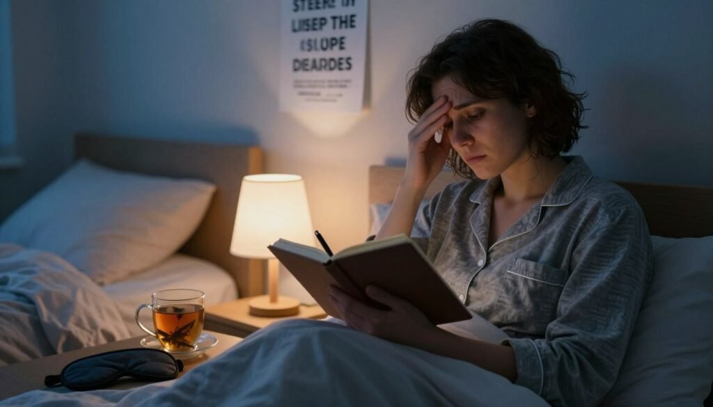 A tired person sitting on a comfortable bed, looking contemplative and slightly distressed, as they hold a sleep journal and a pen, reflecting their struggle with insomnia. The foreground shows their worn-out pajamas, creating a sense of familiarity and comfort. In the middle, a bedside lamp emits a soft, warm glow, illuminating calming sleep aids like herbal tea and a sleep mask. The background features a softly lit bedroom with calming colors, suggesting a peaceful environment, adorned with books on sleep disorders and a motivational poster about health. The mood is introspective and slightly melancholic, capturing the essence of seeking specialized treatment for sleep issues, with a focus on the emotional weight of insomnia. The perspective is slightly angled, highlighting both the person and the cozy atmosphere around them, evoking a sense of hope for better sleep.