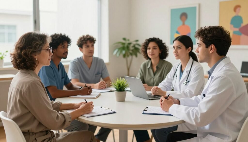 A tranquil Brazilian clinic setting, focused on mental health and psychiatry, showcasing a diverse group of healthcare professionals engaged in a collaborative discussion. In the foreground, a middle-aged psychiatrist in a smart casual outfit, with glasses, is attentively listening to a young, professional psychiatrist in formal attire. In the middle, a diverse group of therapists and psychiatrists, representing various ethnicities and genders, interact harmoniously around a well-lit consultation table, covered with psychiatric literature and plants. The background features calming colors, soft natural light filtering through large windows, and colorful artwork on the walls, evoking an atmosphere of healing and professionalism. The image conveys optimism and mutual support in the mental health field in Brazil.