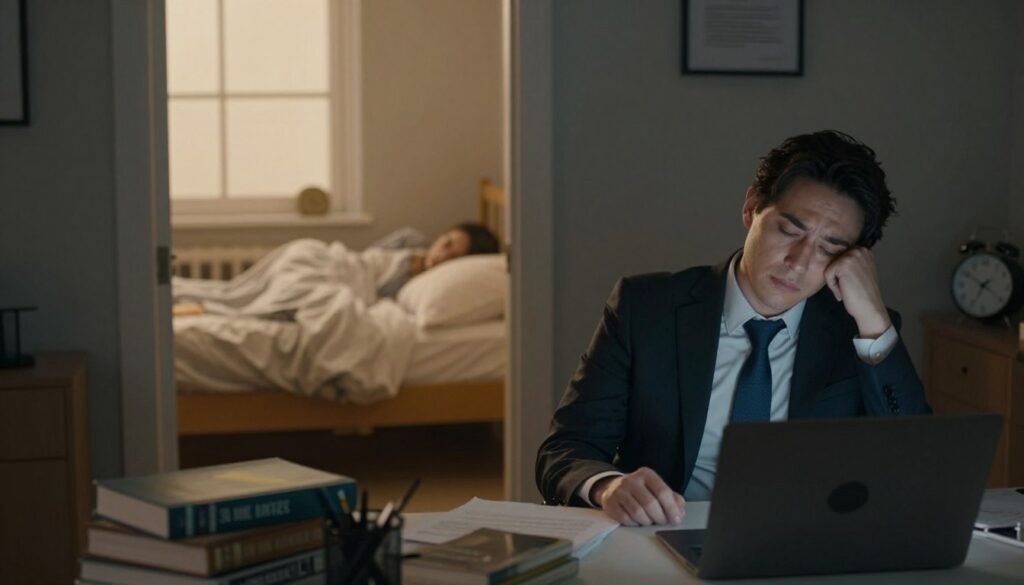 A tranquil indoor scene depicting the consequences of excessive sleep on physical and mental health. In the foreground, a concerned individual in professional attire sits at a desk cluttered with medical books and a laptop, looking fatigued and overwhelmed. In the middle, a half-open bedroom door reveals a dimly lit bed with unmade sheets and a clock showing late hours, symbolizing disturbed sleep patterns. In the background, a window filters soft, warm light, casting a gentle glow, yet the shadows highlight a sense of anxiety and weariness. The atmosphere should evoke a sense of contemplation and the weight of health implications, capturing both the physical and emotional toll of excessive sleeping.