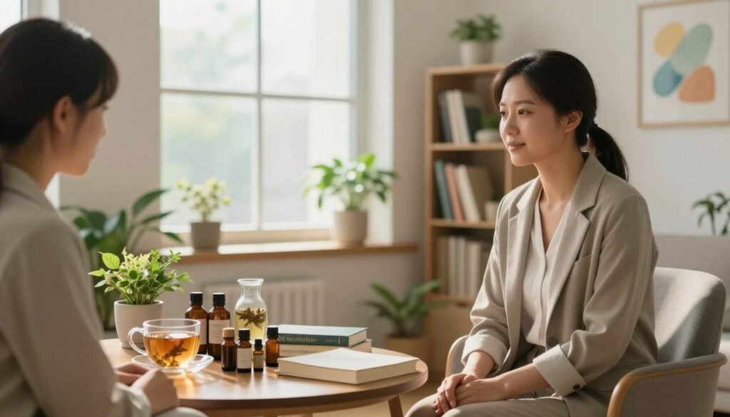 A tranquil indoor setting depicting a cozy therapy room focused on natural treatments for depression. In the foreground, a professional therapist, dressed in modest business attire, sits attentively with a supportive expression. On the table, there is an array of natural remedies like herbal teas, essential oils, and a few wellness books resting among calming green plants. The middle section showcases soft natural light streaming through a large window, illuminating the room with a warm glow. In the background, a shelf filled with medical textbooks and calming artwork enhances the atmosphere of healing and understanding. The overall mood is serene and inviting, highlighting hope and support for individuals seeking natural remedies for depression. A tranquil indoor setting depicting a cozy therapy room focused on natural treatments for depression. In the foreground, a professional therapist, dressed in modest business attire, sits attentively with a supportive expression. On the table, there is an array of natural remedies like herbal teas, essential oils, and a few wellness books resting among calming green plants. The middle section showcases soft natural light streaming through a large window, illuminating the room with a warm glow. In the background, a shelf filled with medical textbooks and calming artwork enhances the atmosphere of healing and understanding. The overall mood is serene and inviting, highlighting hope and support for individuals seeking natural remedies for depression.