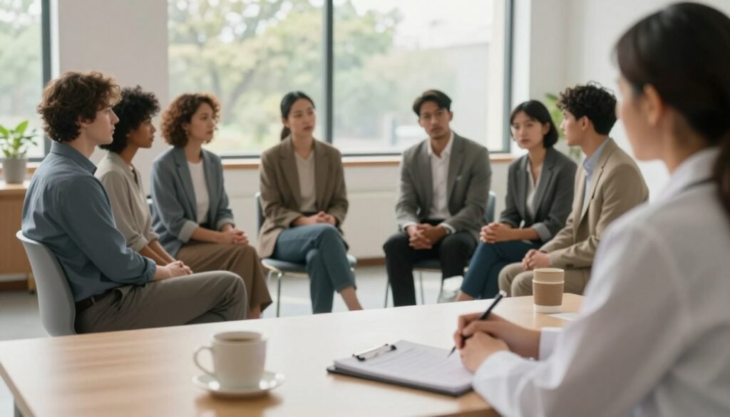 A tranquil office setting depicting the essential mental disorders treated by psychiatrists: in the foreground, a well-organized desk with a notebook and a coffee cup, symbolizing professionalism. In the middle, a diverse group of people seated together, professionally dressed, engaging in a discussion, representing various mental health issues like anxiety, depression, and ADHD. In the background, a large window allowing natural light to flood the room, with a calming view of trees, hinting at hope and recovery. Soft, warm lighting creates an inviting atmosphere. The image captures a sense of understanding and support, illustrating the importance of seeking psychiatric help for mental health challenges.