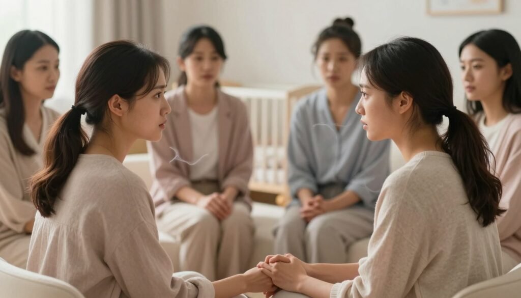 A tranquil scene depicting the factors contributing to postpartum anxiety, with a focus on a diverse group of women in a supportive circle. In the foreground, two women in modest casual clothing share their thoughts, showcasing expressions of concern and empathy, as they hold hands. In the middle, elements symbolizing risk factors like stress, hormonal changes, and lack of support are visually represented—perhaps as soft, ethereal wisps around the women. The background features serene imagery of a nursery, softly illuminated by warm, natural light, evoking a nurturing atmosphere. Use a shallow depth of field to emphasize the subjects while gently blurring the background, conveying a mood of introspection and support. The overall color palette should be soothing, with gentle pastel tones, creating a comforting and inviting feel. A tranquil scene depicting the factors contributing to postpartum anxiety, with a focus on a diverse group of women in a supportive circle. In the foreground, two women in modest casual clothing share their thoughts, showcasing expressions of concern and empathy, as they hold hands. In the middle, elements symbolizing risk factors like stress, hormonal changes, and lack of support are visually represented—perhaps as soft, ethereal wisps around the women. The background features serene imagery of a nursery, softly illuminated by warm, natural light, evoking a nurturing atmosphere. Use a shallow depth of field to emphasize the subjects while gently blurring the background, conveying a mood of introspection and support. The overall color palette should be soothing, with gentle pastel tones, creating a comforting and inviting feel.